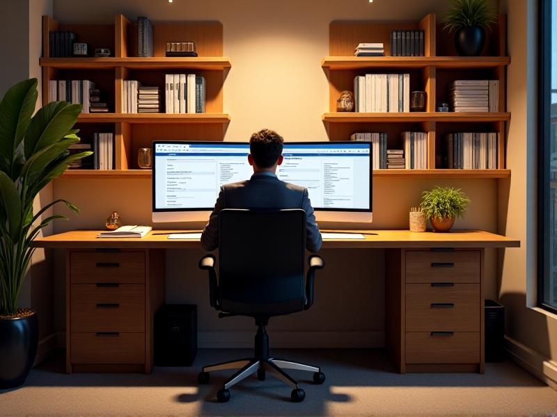 A professional workspace with an ergonomic chair positioned at a desk equipped with dual monitors and organized documents. The room is illuminated by warm, focused lighting, creating an environment conducive to productivity and concentration.